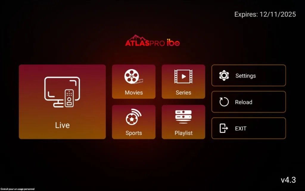 Écran d’accueil de l’application Atlas Pro IBO : Live, films, séries, sport et playlist