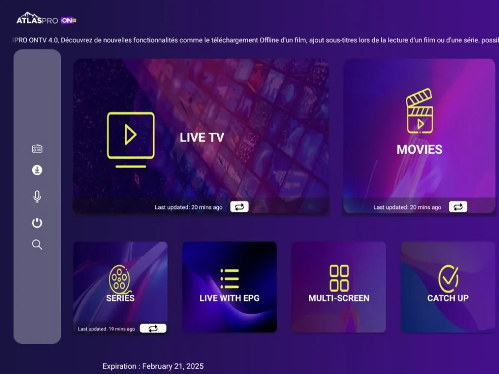 Écran d’accueil de l’application Atlas Pro ONTV 4.0 : Live TV, films, séries, guide TV, multi‑écran et replay