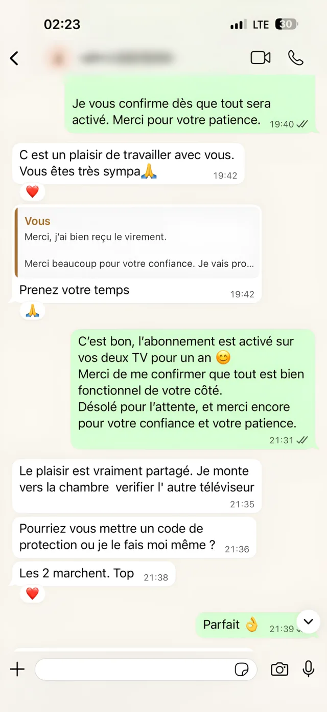 Avis client IPTV sur WhatsApp : C'est un plaisir de travailler avec vous, vous êtes très sympa