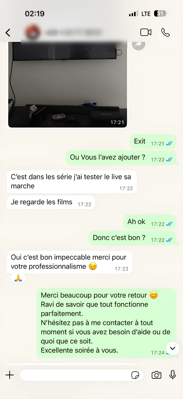 Avis client IPTV sur WhatsApp : Oui c'est bon impeccable, merci pour votre professionnalisme