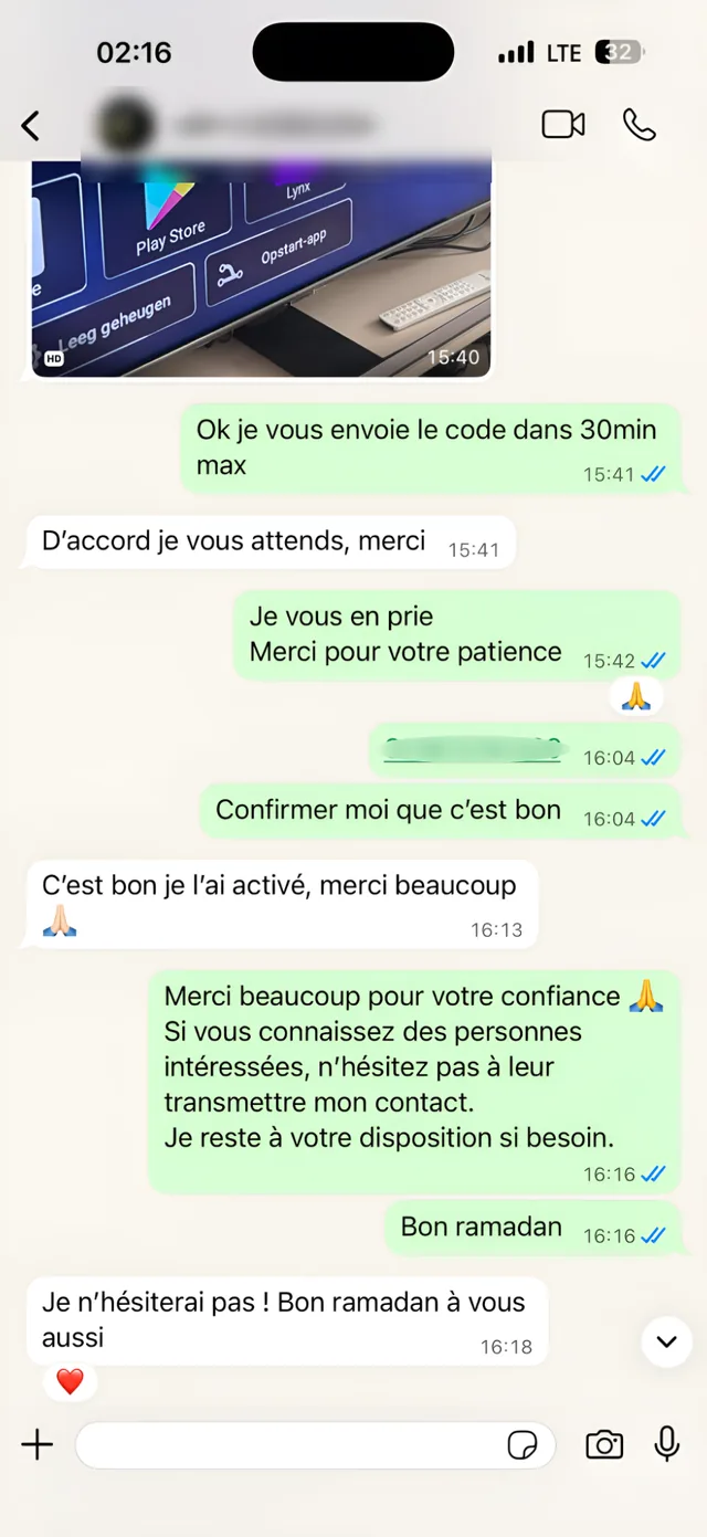 Avis client IPTV sur WhatsApp : C'est bon je l'ai activé, merci beaucoup