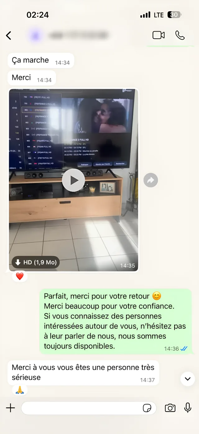 Avis client IPTV sur WhatsApp : Merci à vous, vous êtes une personne très sérieuse
