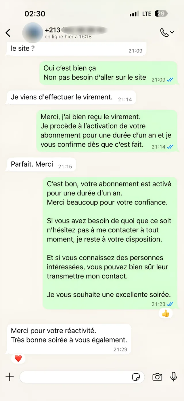 Avis client IPTV Algérie sur WhatsApp : abonnement activé, merci pour votre réactivité