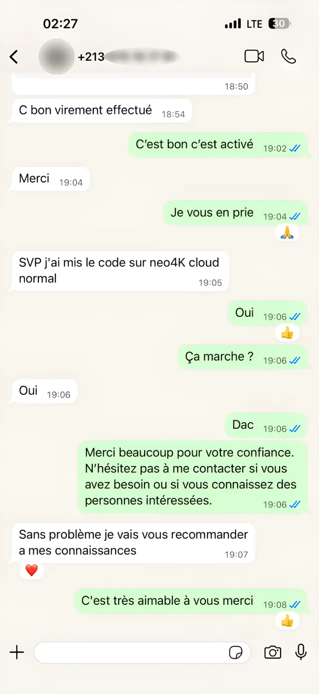 Avis client IPTV Algérie sur WhatsApp : code Neo 4K activé, je vais vous recommander