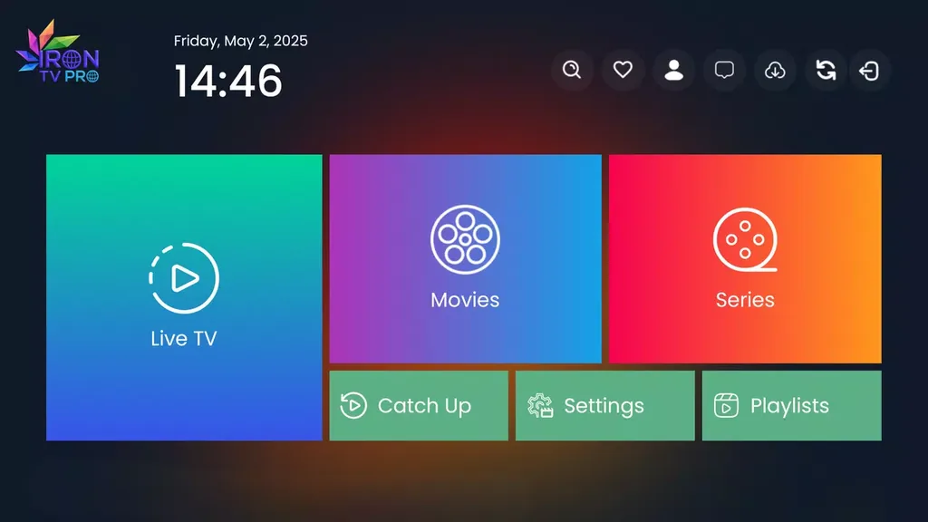 Accueil de l'application Iron TV Pro : Live TV, films, séries et Catch Up