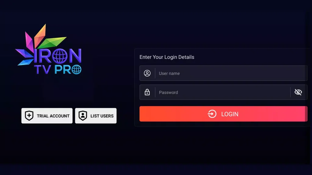Écran de connexion d'Iron TV Pro avec nom d'utilisateur et mot de passe