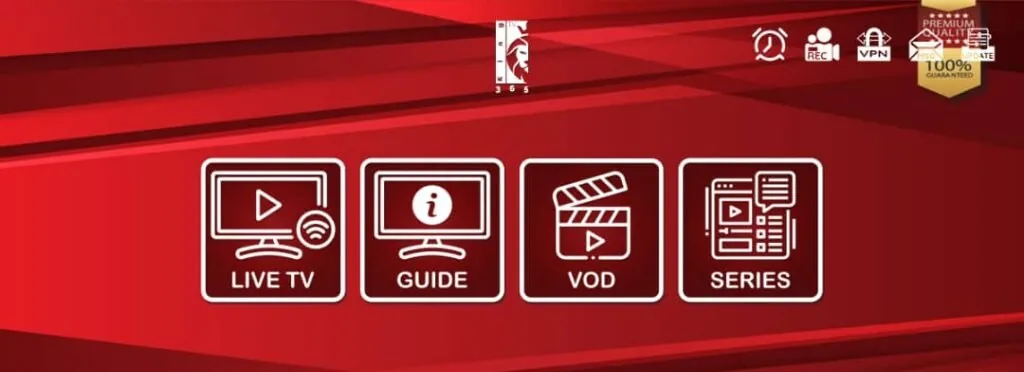 Écran d'accueil de l'application King365 TV V3 avec Live TV, guide, VOD et séries