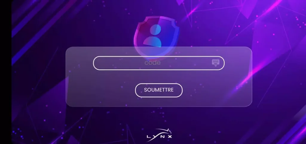 Écran de l'application Lynx IPTV où l'on saisit le code d'activation