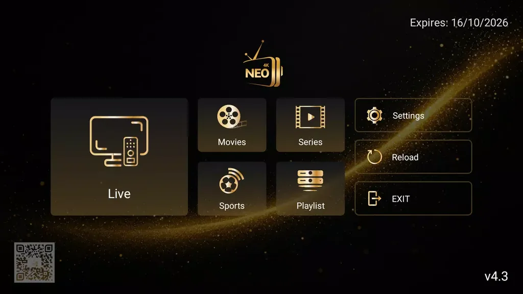Accueil de l'application NEO 4K : Live, films, séries, sport et playlist