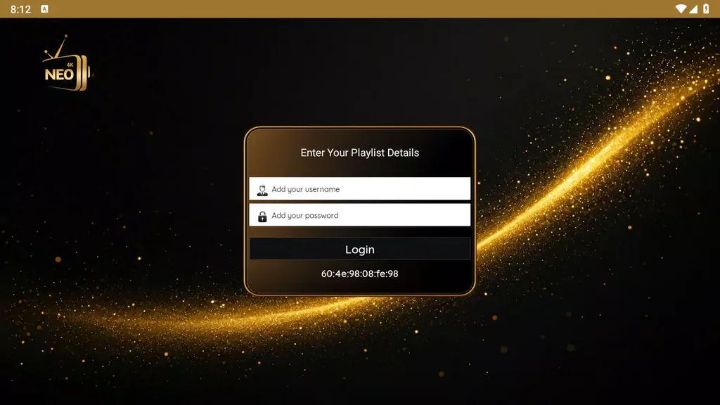 Écran de connexion de l'application NEO 4K